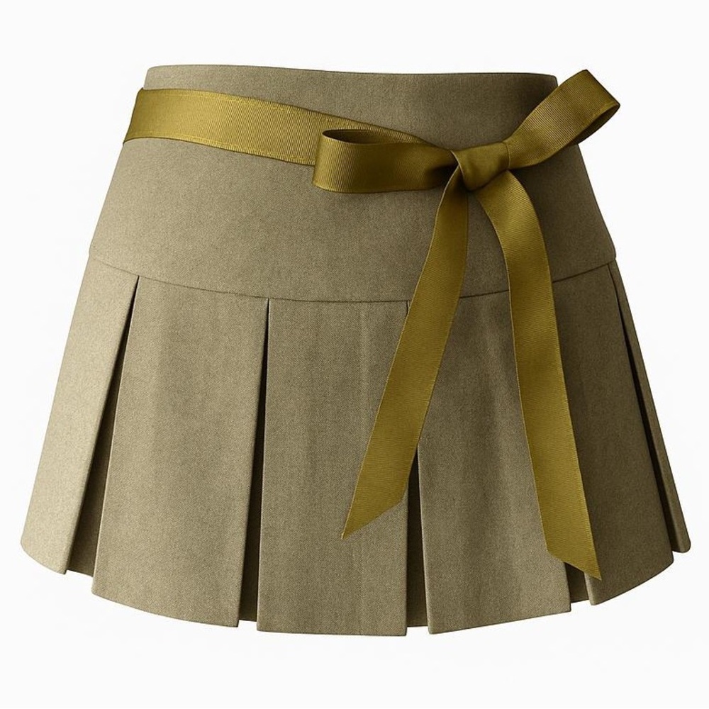 Olive Green Pleated Skirt with Bow Made in USA
